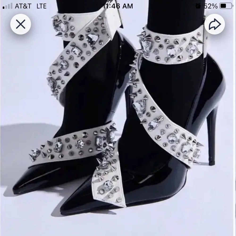 Black Patent Pointed Toe High-Heel Ankle Strap Pumps with Crystal Studs